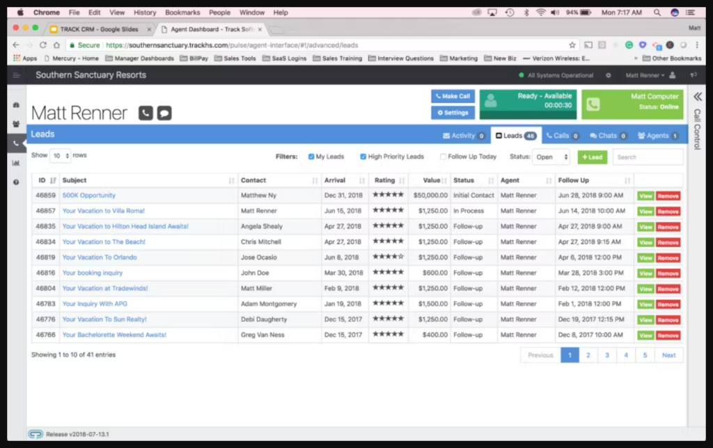 Track hotel CRM interface