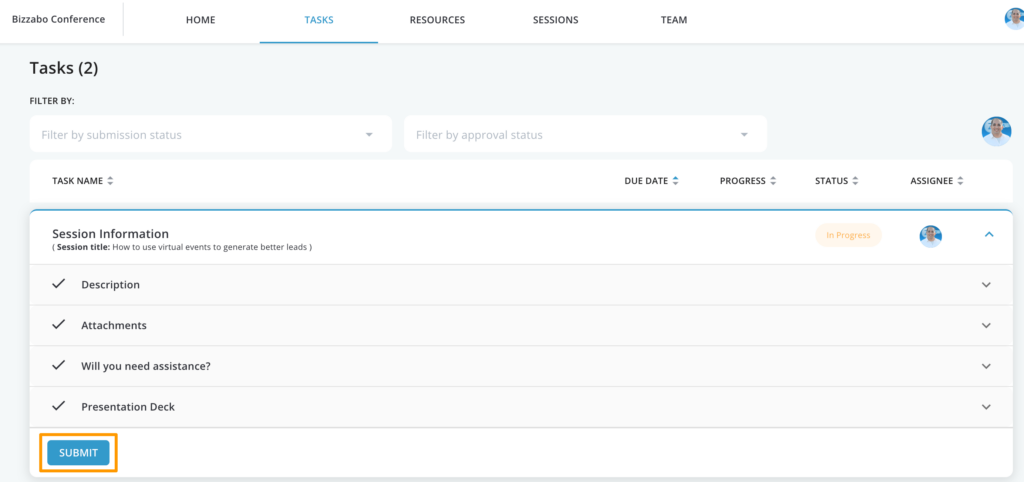 Review of Bizzabo's task feature dashboard screenshot