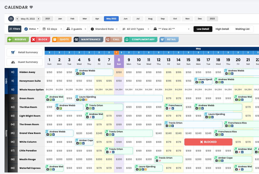 ResNexus review showing the calendar view of the hotel reservation software